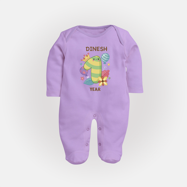 Celebrate Baby's 1st Year | Custom Full Sleeve Bodysuit/ Sleep Suit/ Jumpsuit | Premium Cotton - LILAC - New Born (Chest 7.5")