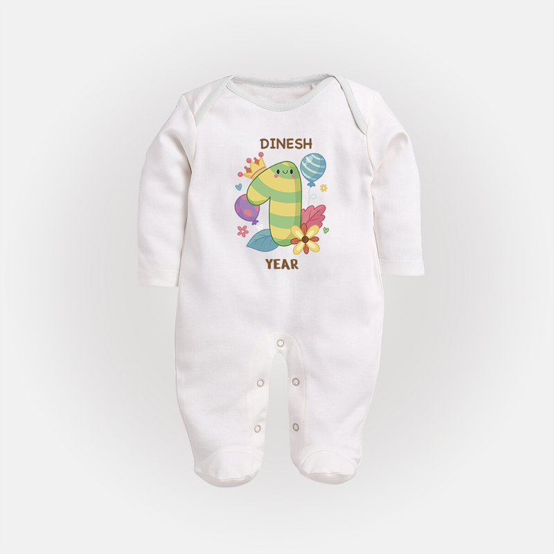 Dress Your Little One In Our Enchanting Customized Baby Sleep Suit For Their 1-Year Birthday Celebration - WHITE - New Born (Chest 7.5")