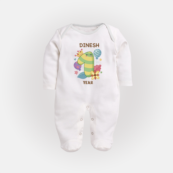 Celebrate Baby's 1st Year | Custom Full Sleeve Bodysuit/ Sleep Suit/ Jumpsuit | Premium Cotton - WHITE - New Born (Chest 7.5")