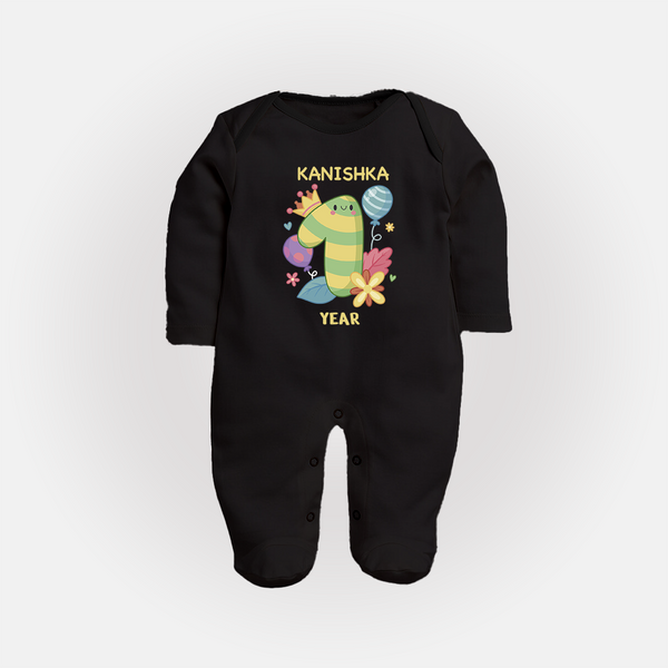 Celebrate Baby's 1st Year | Custom Full Sleeve Bodysuit/ Sleep Suit/ Jumpsuit | Premium Cotton - BLACK - New Born (Chest 7.5")