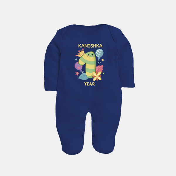 Celebrate Baby's 1st Year | Custom Full Sleeve Bodysuit/ Sleep Suit/ Jumpsuit | Premium Cotton - NAVY BLUE - New Born (Chest 7.5")