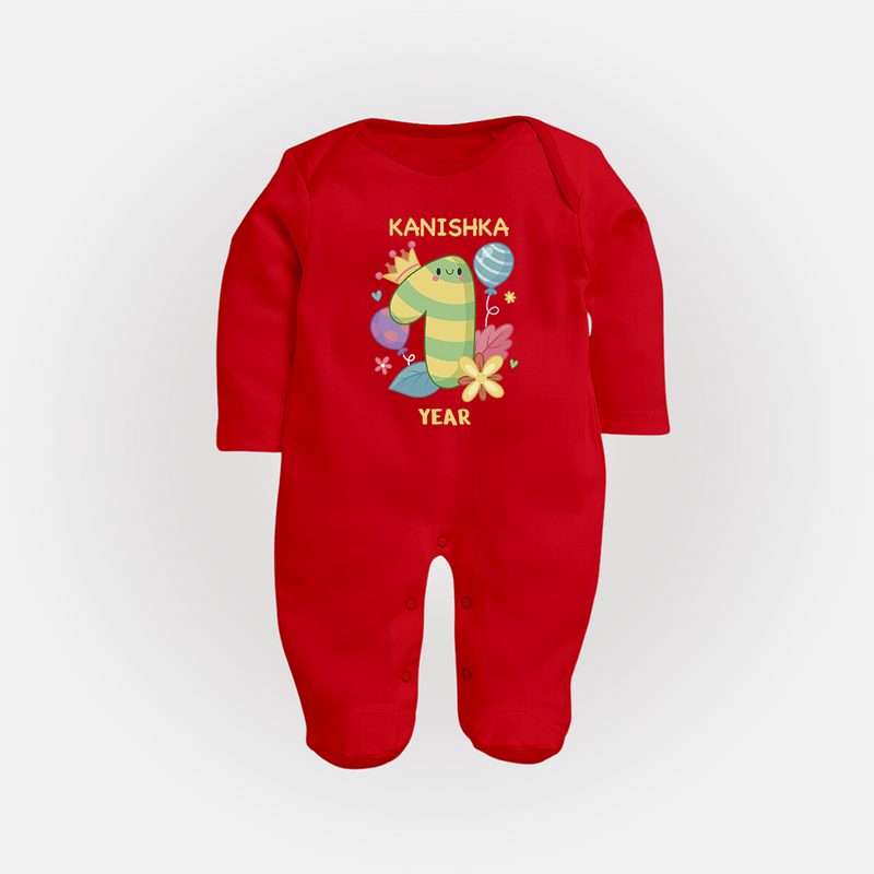 Celebrate Baby's 1st Year | Custom Full Sleeve Bodysuit/ Sleep Suit/ Jumpsuit | Premium Cotton - RED - New Born (Chest 7.5")