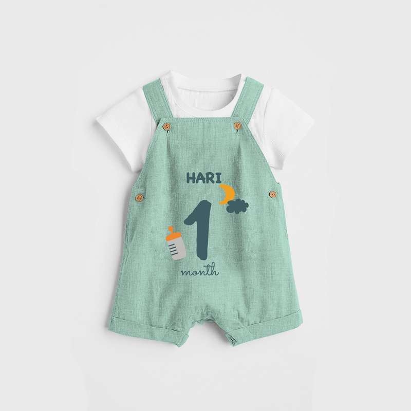 Celebrate The 1st Month Birthday Custom Dungaree, Personalized with your Baby's name - LIGHT GREEN - 0 - 5 Months Old (Chest 17")