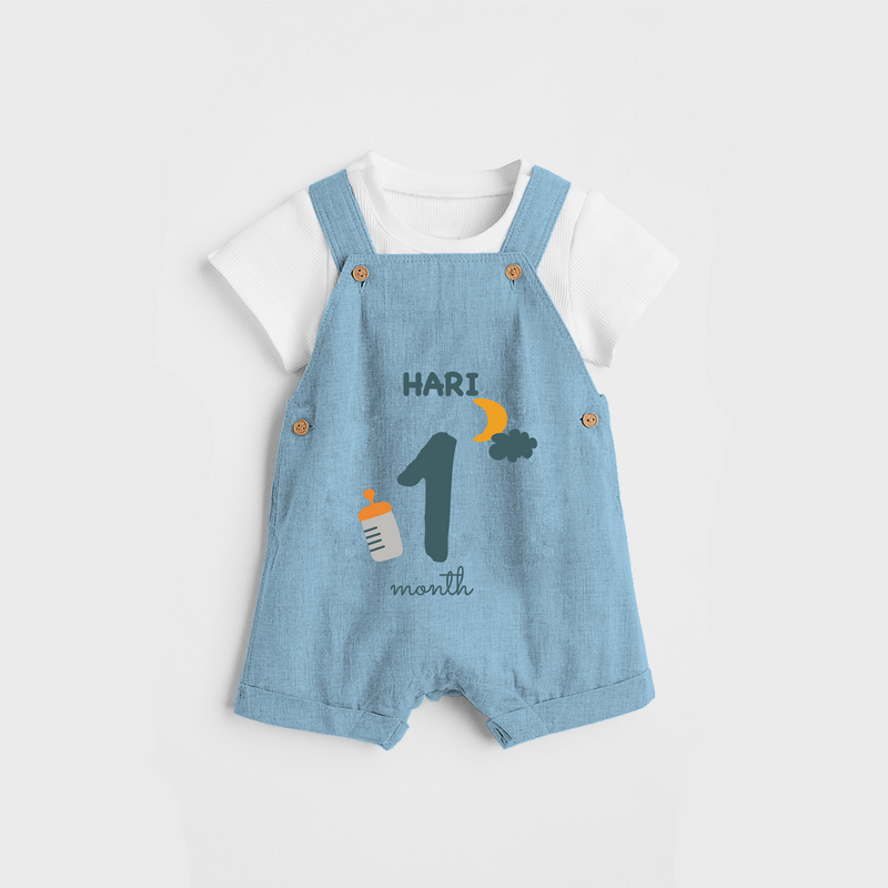 Celebrate The 1st Month Birthday Custom Dungaree, Personalized with your Baby's name - SKY BLUE - 0 - 5 Months Old (Chest 17")