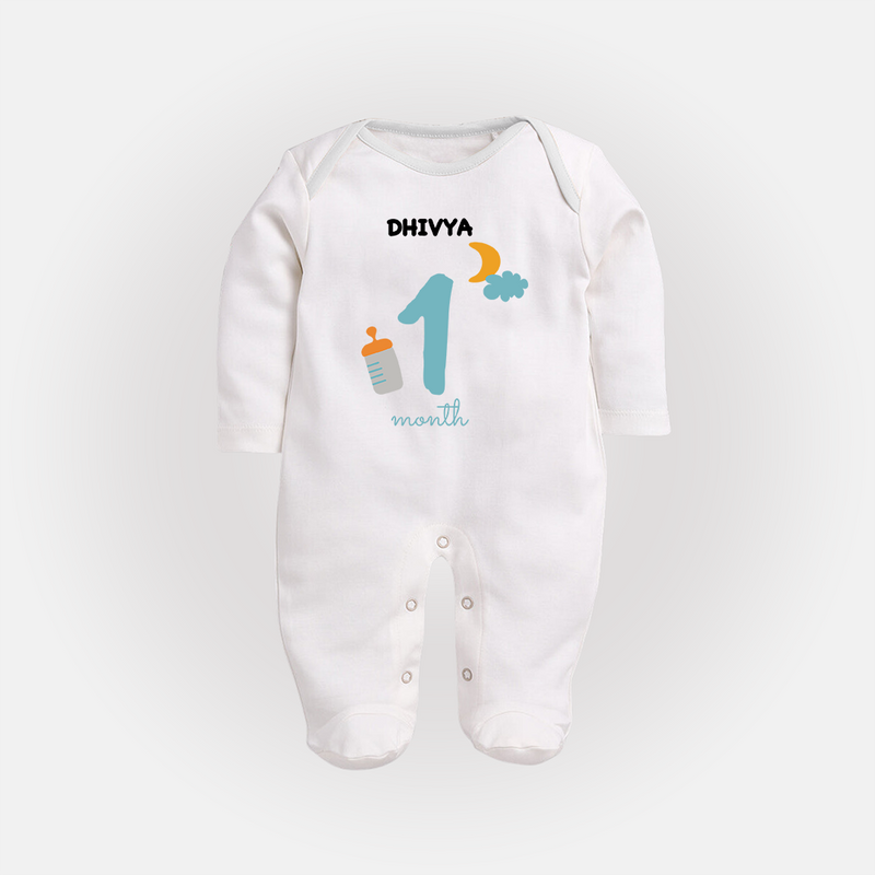 Celebrate Your Baby's First Month With Our Uniquely Customized Baby Sleep Suit, Designed For Precious Moments - WHITE - New Born (Chest 7.5")