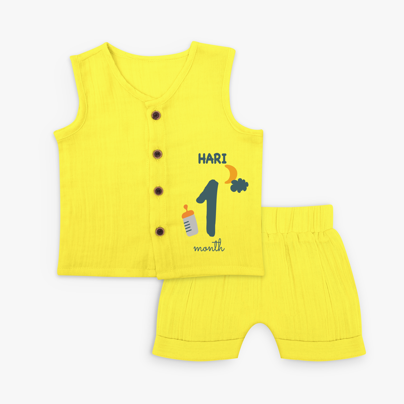 Celebrate The 1st Month Birthday Custom Jabla set, Personalized with your Baby's name - YELLOW - 0 - 3 Months Old (Chest 9.8")