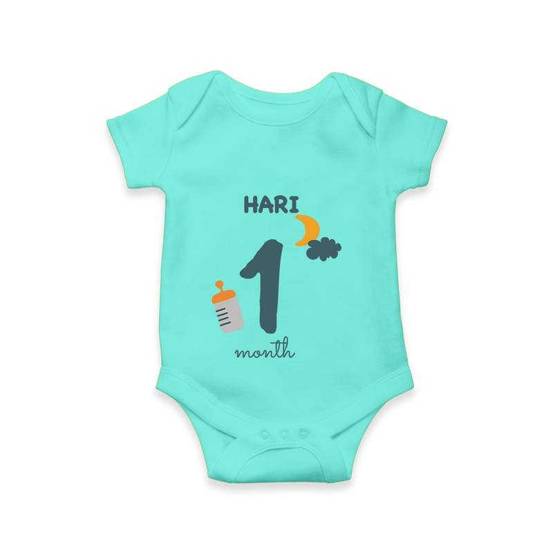 Celebrate The 1st Month Birthday Custom Romper, Personalized with your Baby's name - ARCTIC BLUE - 0 - 3 Months Old (Chest 16")