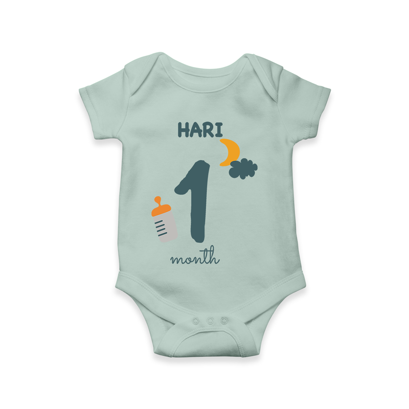 Celebrate The 1st Month Birthday Custom Romper, Personalized with your Baby's name - MINT GREEN - 0 - 3 Months Old (Chest 16")