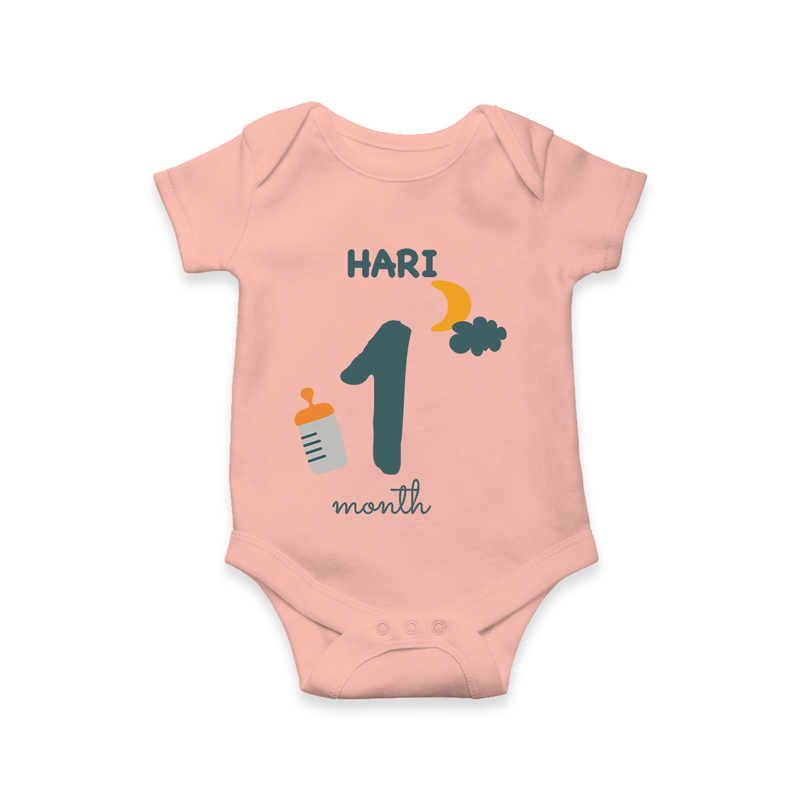 Celebrate The 1st Month Birthday Custom Romper, Personalized with your Baby's name - PEACH - 0 - 3 Months Old (Chest 16")