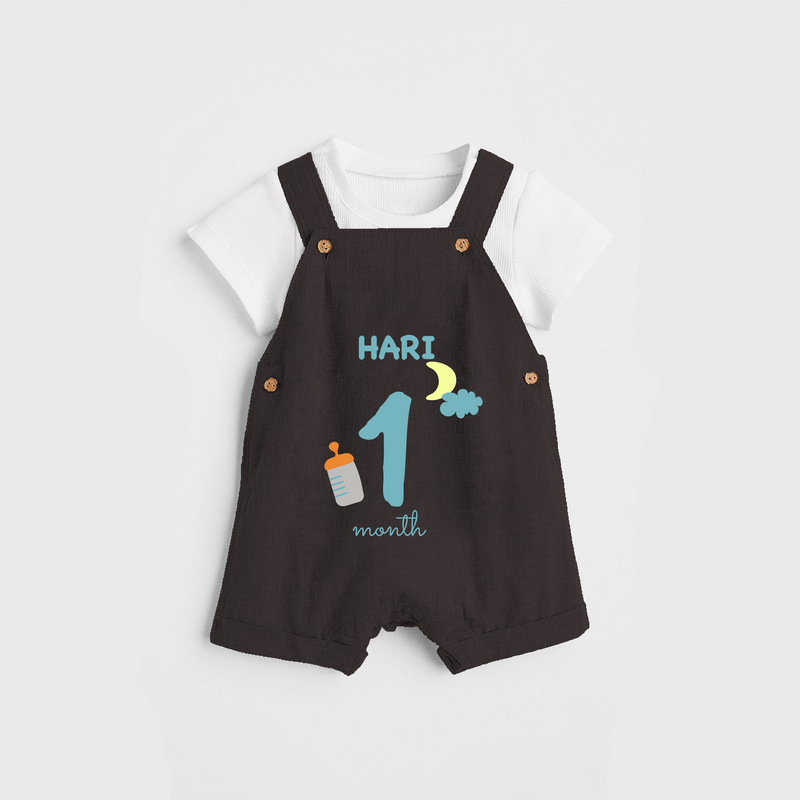 Celebrate The 1st Month Birthday Custom Dungaree, Personalized with your Baby's name - CHOCOLATE BROWN - 0 - 5 Months Old (Chest 17")