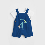 Celebrate The 1st Month Birthday Custom Dungaree, Personalized with your Baby's name - COBALT BLUE - 0 - 5 Months Old (Chest 17")