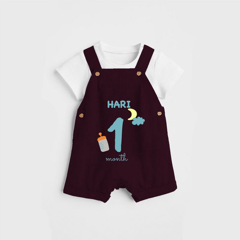 Celebrate The 1st Month Birthday Custom Dungaree, Personalized with your Baby's name - MAROON - 0 - 5 Months Old (Chest 17")