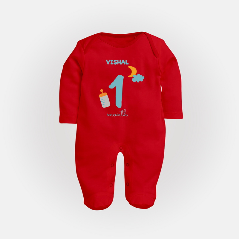 Celebrate Your Baby's First Month With Our Uniquely Customized Baby Sleep Suit, Designed For Precious Moments - RED - New Born (Chest 7.5")