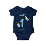 Celebrate The 1st Month Birthday Custom Romper, Personalized with your Baby's name - NAVY BLUE - 0 - 3 Months Old (Chest 16")