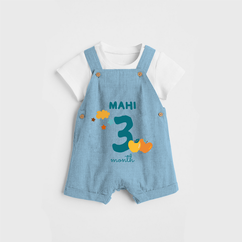 Celebrate The 3rd Month Birthday Custom Dungaree, Personalized with your Baby's name - SKY BLUE - 0 - 5 Months Old (Chest 17")