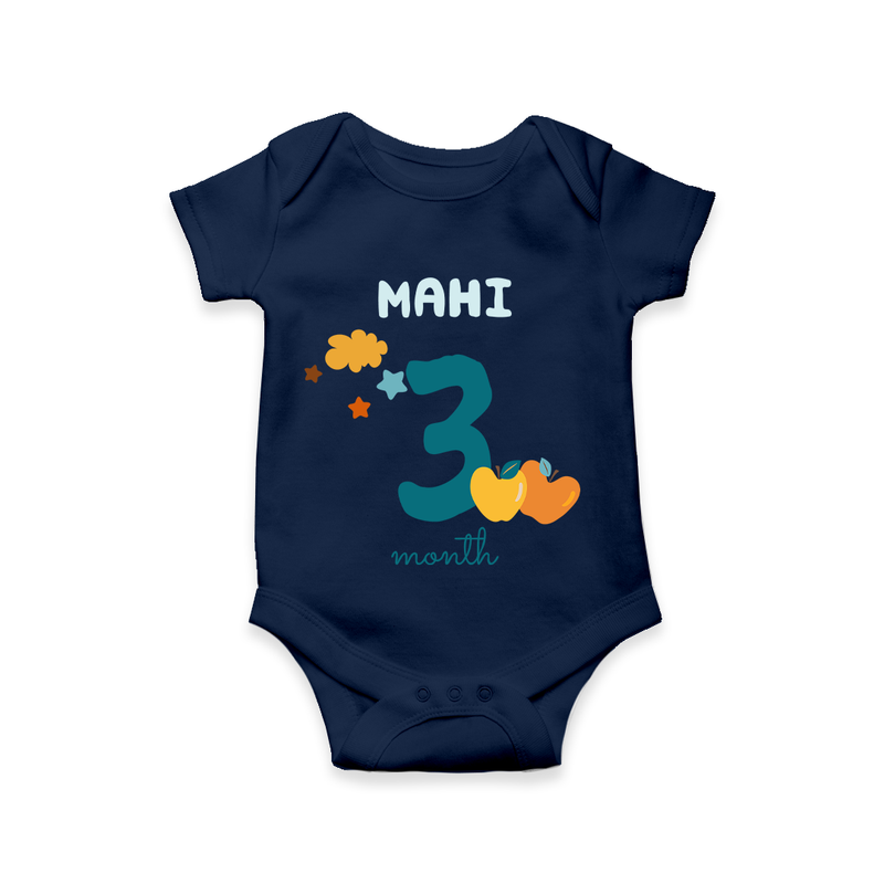 Celebrate The 3rd Month Birthday Custom Romper, Personalized with your Baby's name - NAVY BLUE - 0 - 3 Months Old (Chest 16")
