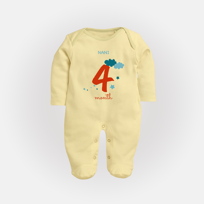 Celebrate Your Baby's Fourth Month With Our Uniquely Customized Baby Sleep Suit, Designed For Precious Moments - PASTEL YELLOW - New Born (Chest 7.5")