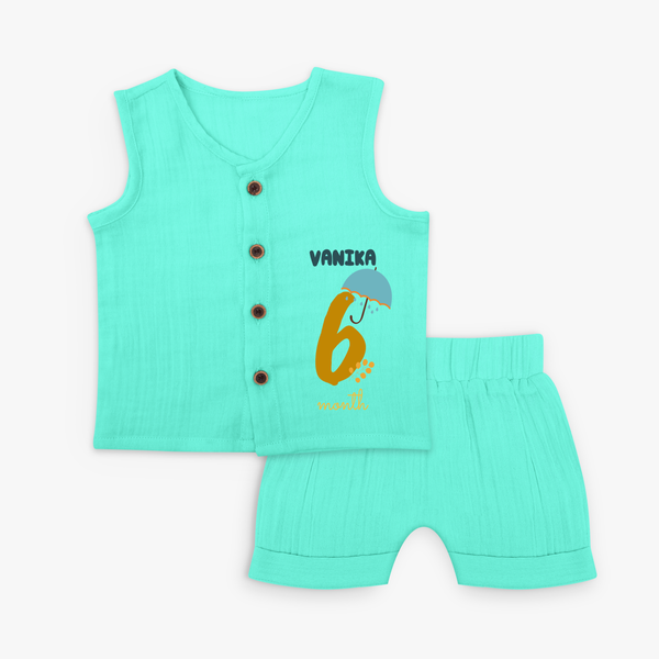 Celebrate The 6th Month Birthday Custom Jabla set, Personalized with your Baby's name - AQUA GREEN - 0 - 3 Months Old (Chest 9.8")