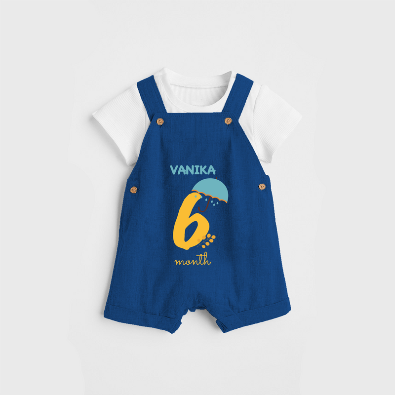 Celebrate The 6th Month Birthday Custom Dungaree, Personalized with your Baby's name - COBALT BLUE - 0 - 5 Months Old (Chest 17")