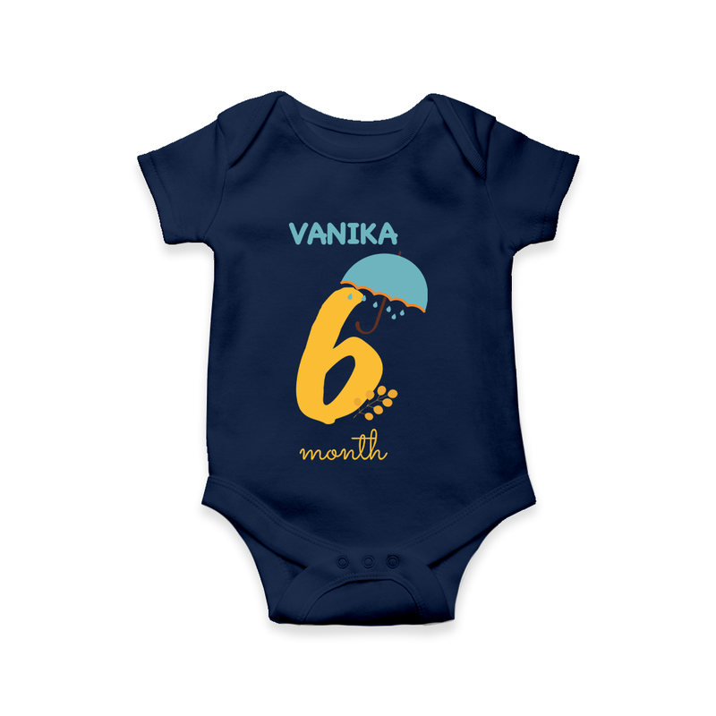 Celebrate The 6th Month Birthday Custom Romper, Personalized with your Baby's name - NAVY BLUE - 0 - 3 Months Old (Chest 16")
