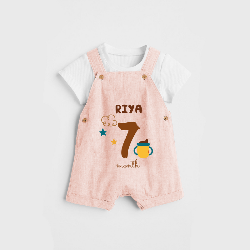 Celebrate The 7th Month Birthday Custom Dungaree, Personalized with your Baby's name - PEACH - 0 - 5 Months Old (Chest 17")