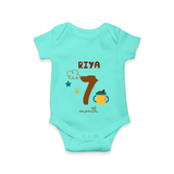 Celebrate The 7th Month Birthday Custom Romper, Personalized with your Baby's name - ARCTIC BLUE - 0 - 3 Months Old (Chest 16")