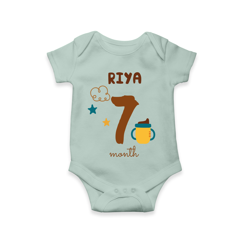 Celebrate The 7th Month Birthday Custom Romper, Personalized with your Baby's name - MINT GREEN - 0 - 3 Months Old (Chest 16")