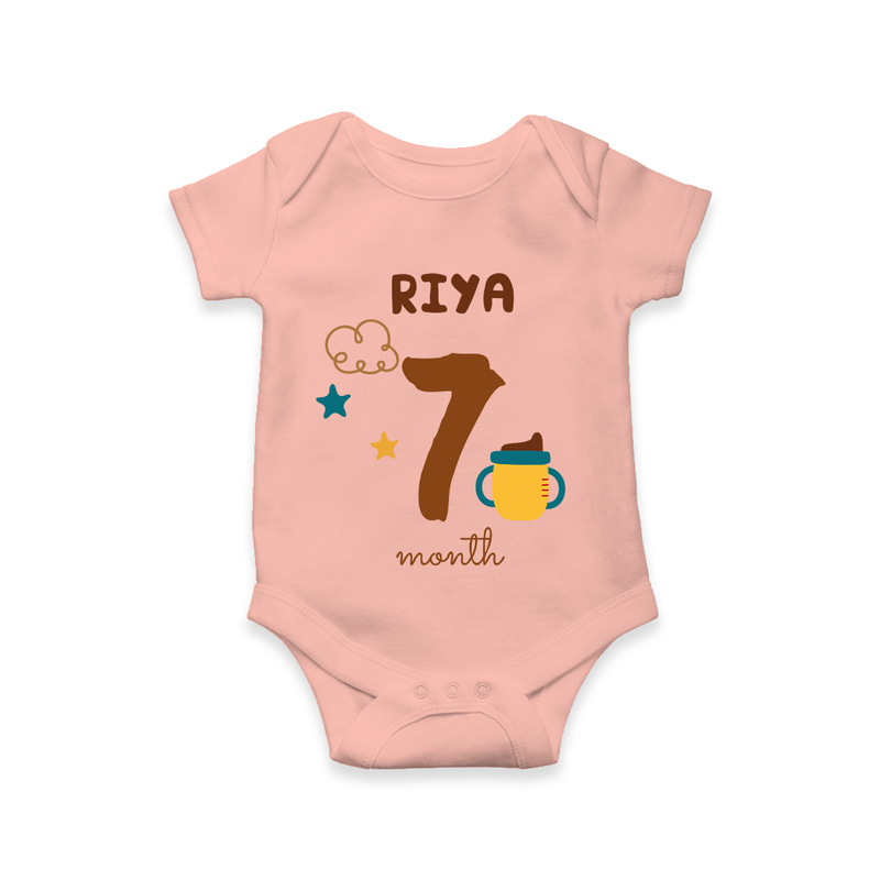 Celebrate The 7th Month Birthday Custom Romper, Personalized with your Baby's name - PEACH - 0 - 3 Months Old (Chest 16")