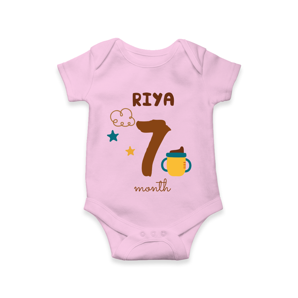 Celebrate The 7th Month Birthday Custom Romper, Personalized with your Baby's name - PINK - 0 - 3 Months Old (Chest 16")