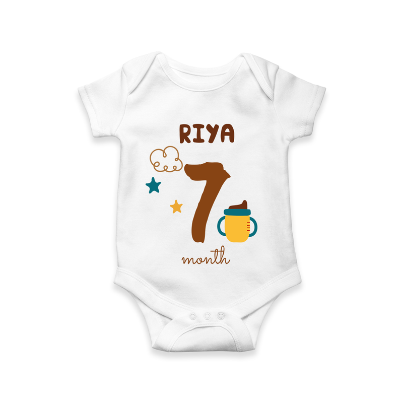 Celebrate The 7th Month Birthday Custom Romper, Personalized with your Baby's name - WHITE - 0 - 3 Months Old (Chest 16")