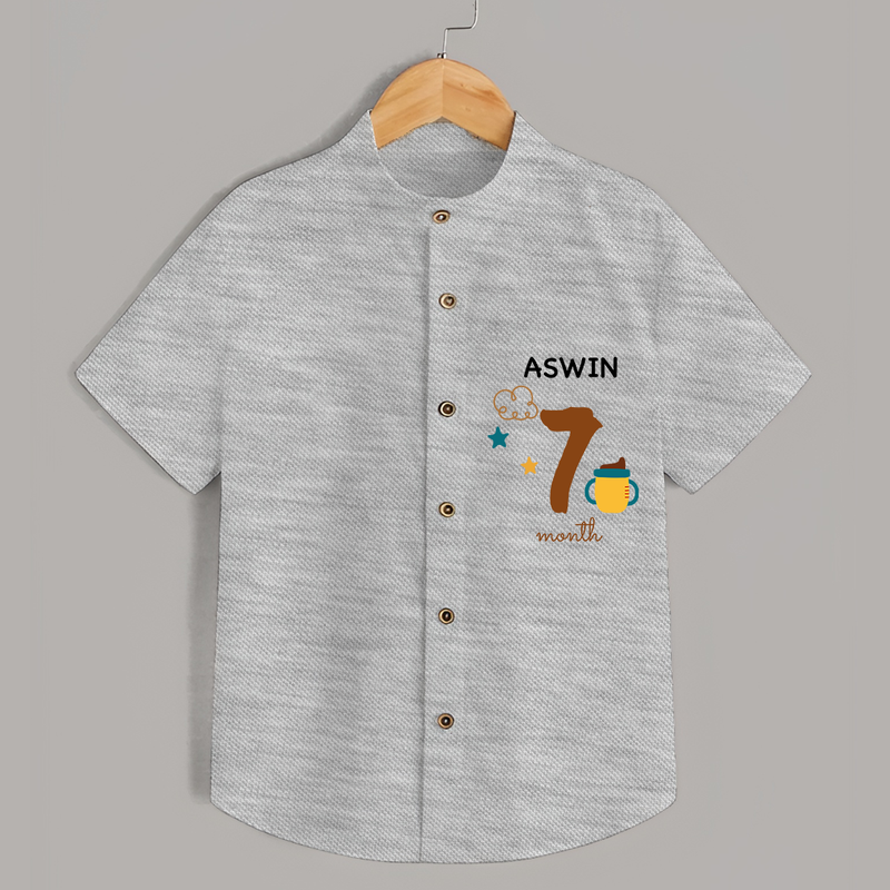 Celebrate The 7th Month Birthday with Custom Shirt, Personalized with your Baby's name - GREY MELANGE - 0 - 6 Months Old (Chest 21")