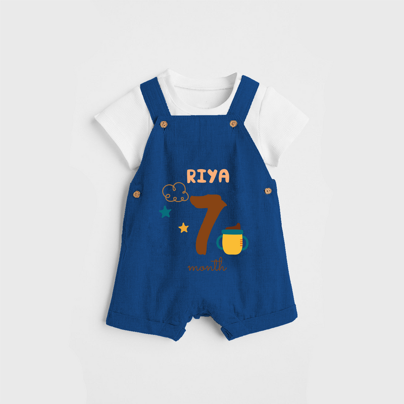 Celebrate The 7th Month Birthday Custom Dungaree, Personalized with your Baby's name - COBALT BLUE - 0 - 5 Months Old (Chest 17")