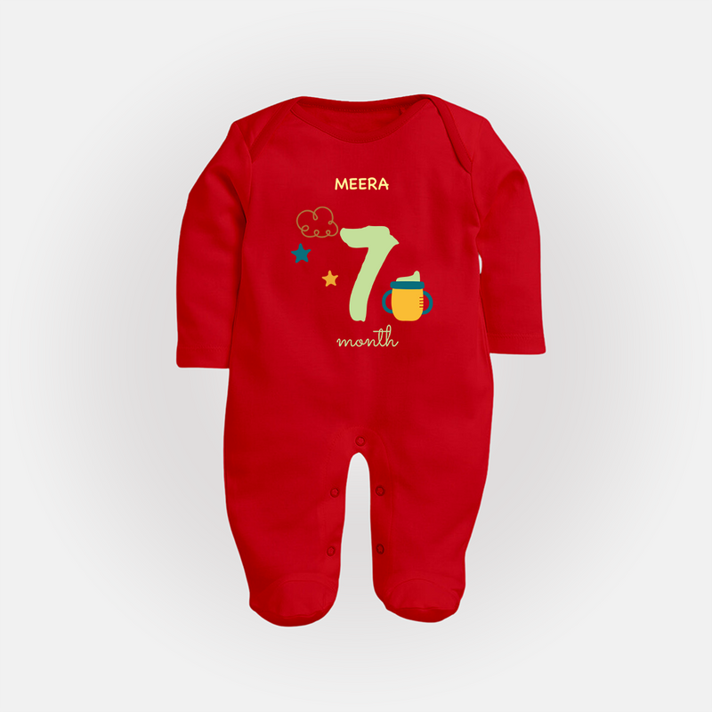 Celebrate Your Baby's Seventh Month With Our Uniquely Customized Baby Sleep Suit, Designed For Precious Moments - RED - New Born (Chest 7.5")