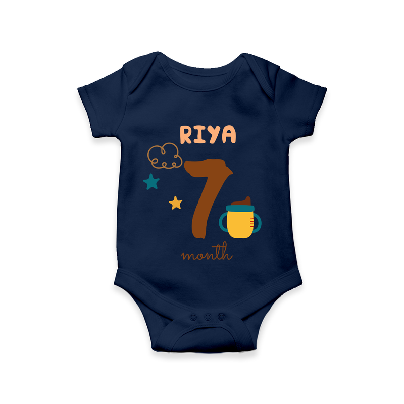 Celebrate The 7th Month Birthday Custom Romper, Personalized with your Baby's name - NAVY BLUE - 0 - 3 Months Old (Chest 16")