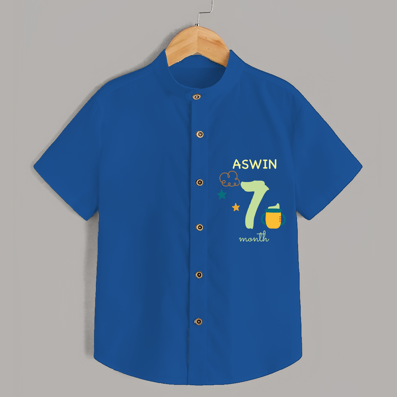 Celebrate The 7th Month Birthday with Custom Shirt, Personalized with your Baby's name - COBALT BLUE - 0 - 6 Months Old (Chest 21")