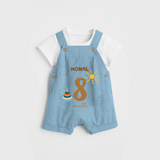 Celebrate The 8th Month Birthday Custom Dungaree, Personalized with your Baby's name - SKY BLUE - 0 - 5 Months Old (Chest 17")