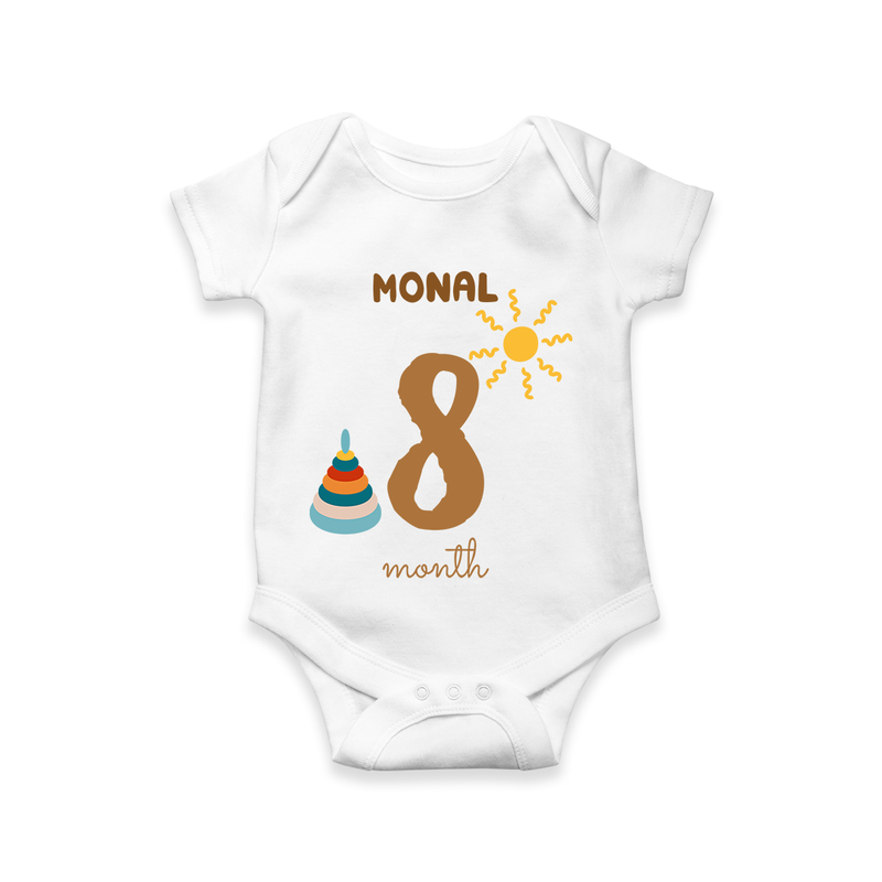 Celebrate The 8th Month Birthday Custom Romper, Personalized with your Baby's name - WHITE - 0 - 3 Months Old (Chest 16")