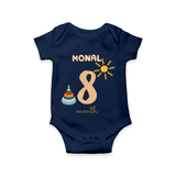 Celebrate The 8th Month Birthday Custom Romper, Personalized with your Baby's name - NAVY BLUE - 0 - 3 Months Old (Chest 16")