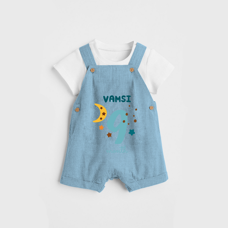 Celebrate The 9th Month Birthday Custom Dungaree, Personalized with your Baby's name - SKY BLUE - 0 - 5 Months Old (Chest 17")