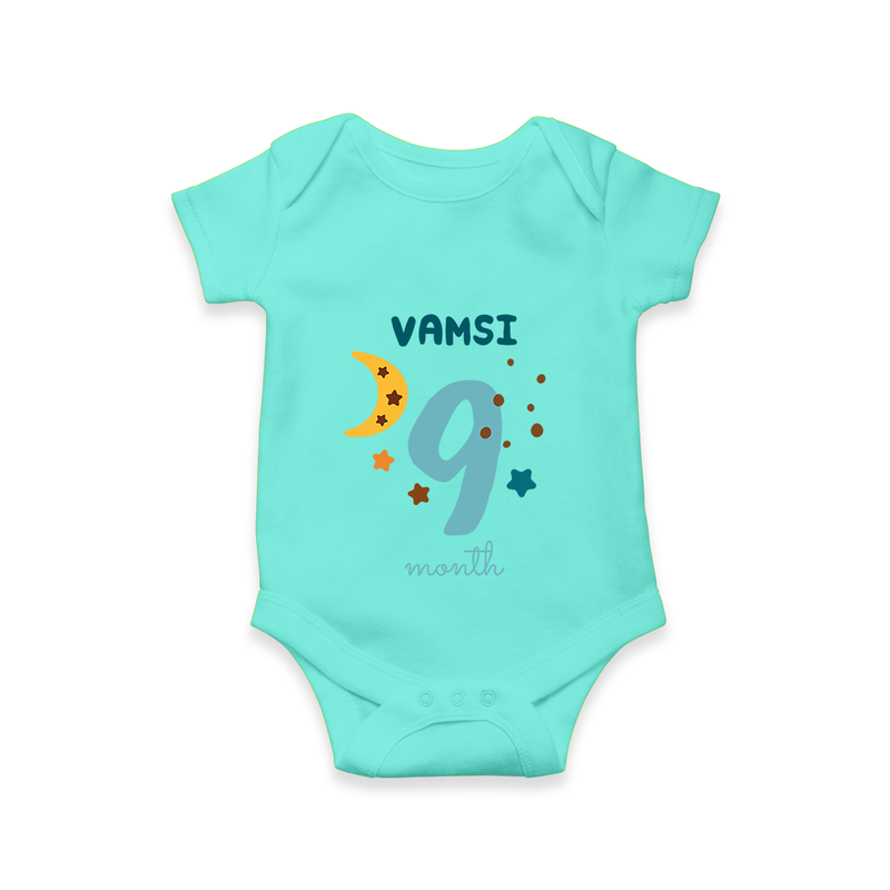 Celebrate The 9th Month Birthday Custom Romper, Personalized with your Baby's name - ARCTIC BLUE - 0 - 3 Months Old (Chest 16")