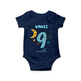 Celebrate The 9th Month Birthday Custom Romper, Personalized with your Baby's name - NAVY BLUE - 0 - 3 Months Old (Chest 16")