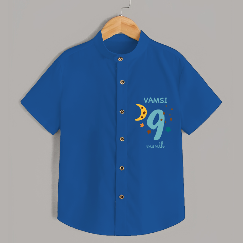 Celebrate The 9th Month Birthday with Custom Shirt, Personalized with your Baby's name - COBALT BLUE - 0 - 6 Months Old (Chest 21")