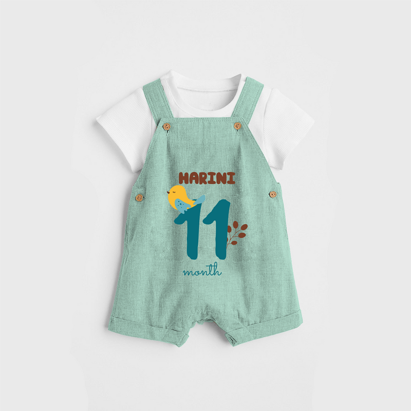 Celebrate The 11th Month Birthday Custom Dungaree, Personalized with your Baby's name - LIGHT GREEN - 0 - 5 Months Old (Chest 17")