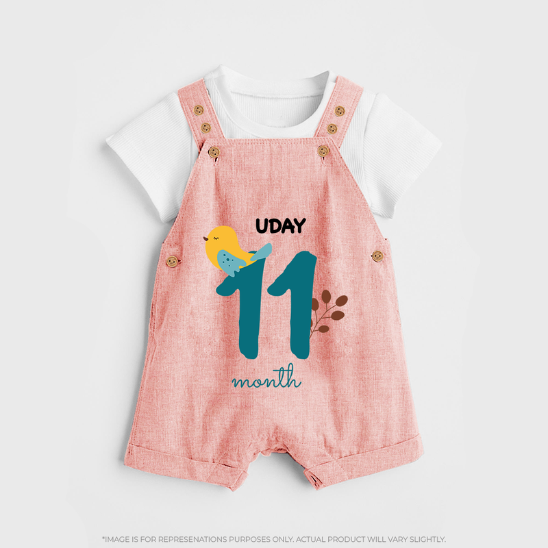 Celebrate Your Baby's Eleventh Month With Our Uniquely Customized Baby Dungaree Set, Designed For Precious Moments - PEACH - 0 - 5 Months Old (Chest 18")