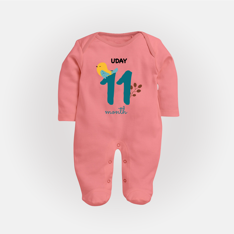 Celebrate Your Baby's Eleventh Month With Our Uniquely Customized Baby Sleep Suit, Designed For Precious Moments - PEACH - New Born (Chest 7.5")