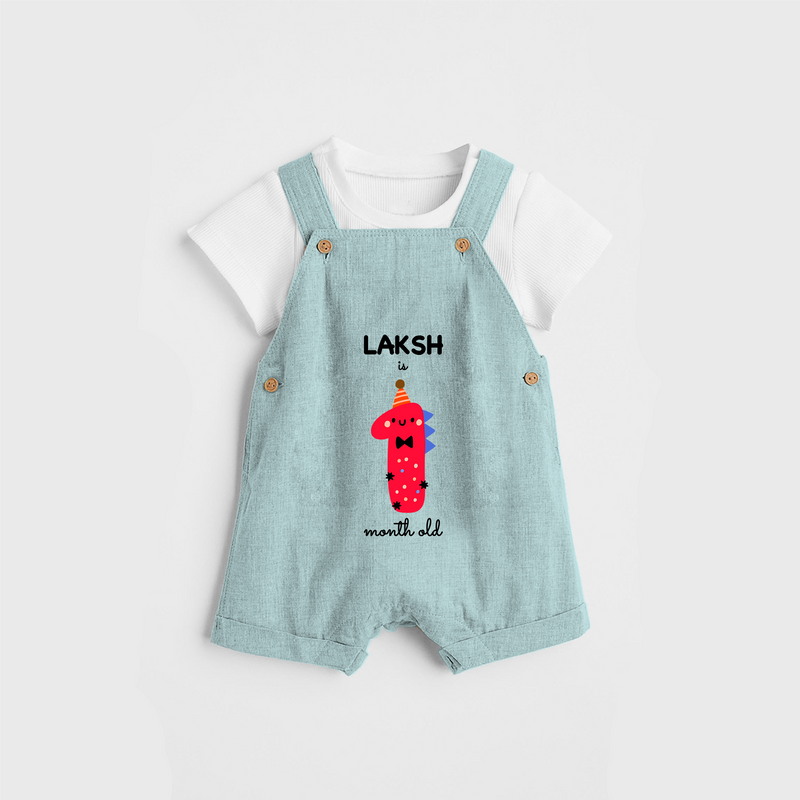 Celebrate The First Month Birthday Custom Dungaree, Featuring with your Baby's name - ARCTIC BLUE - 0 - 5 Months Old (Chest 17")