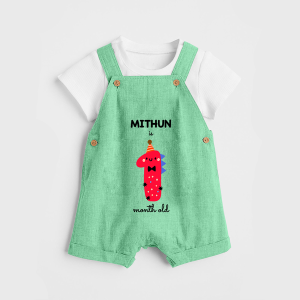 Milestone Dungaree Set for 1st Month | Soft Cotton Personalized Dungaree Set | Unisex Design - GREEN - 0 - 5 Months Old (Chest 18")