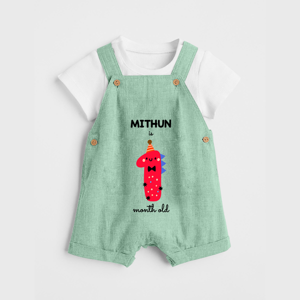 Milestone Dungaree Set for 1st Month | Soft Cotton Personalized Dungaree Set | Unisex Design - MINT GREEN - 0 - 5 Months Old (Chest 18")