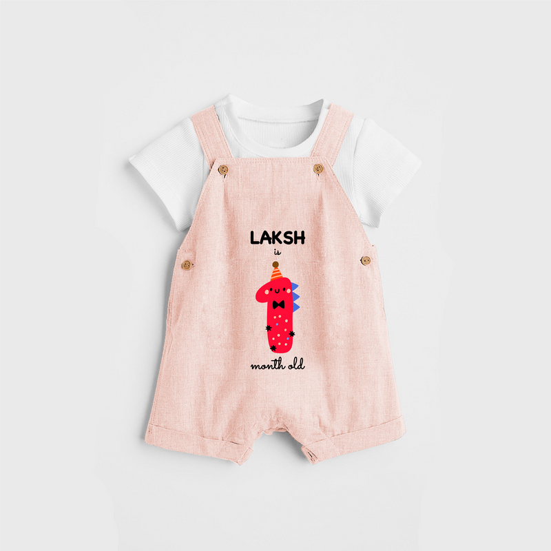 Celebrate The First Month Birthday Custom Dungaree, Featuring with your Baby's name - PEACH - 0 - 5 Months Old (Chest 17")