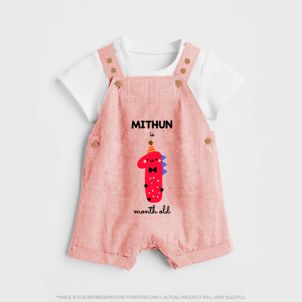 Milestone Dungaree Set for 1st Month | Soft Cotton Personalized Dungaree Set | Unisex Design - PEACH - 0 - 5 Months Old (Chest 18")